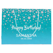 誕生日ティール（緑がかった色）ブルーグリーングリッター名 ラージペーパーバッグ (裏面)