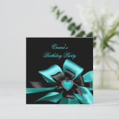 誕生日ティール（緑がかった色）ブルーハートブラックボウイメージ 招待状 (スタンド正面)