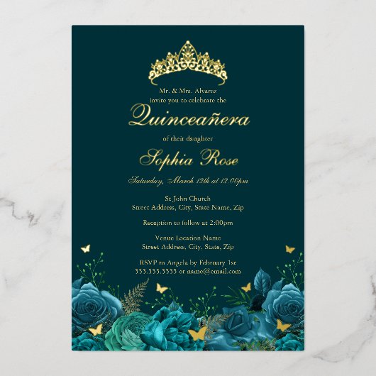 誕生日ティール（緑がかった色）ブルーフローラバタフライキンセアニェラ 箔招待状 (正面)