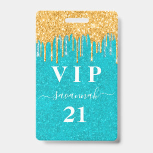 誕生日ティール(緑がかった色)金ゴールドグリッタードライブvip招待 バッジ