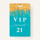 誕生日ティール(緑がかった色)金ゴールドグリッタードライブvip招待 バッジ (正面)