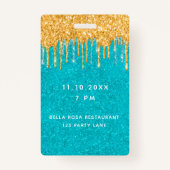 誕生日ティール(緑がかった色)金ゴールドグリッタードライブvip招待 バッジ (裏面)