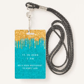 誕生日ティール(緑がかった色)金ゴールドグリッタードライブvip招待 バッジ (裏面ランヤード)