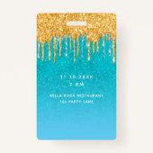 誕生日ティール(緑がかった色)金ゴールドグリッターブルーvip招待 バッジ (裏面)