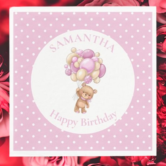誕生日テディベアピンク色バルーン スタンダードランチョンナプキン