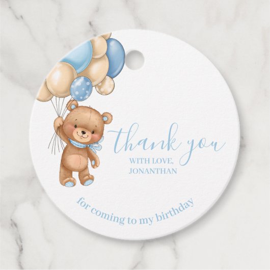 誕生日テディベアーブルーサンキューメッセージカード フェイバータグ (正面)