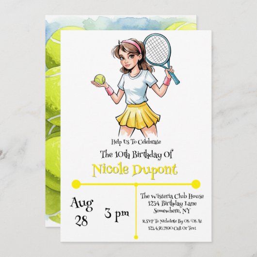 誕生日テニスボールガールお祝い 招待状 (正面/裏面)