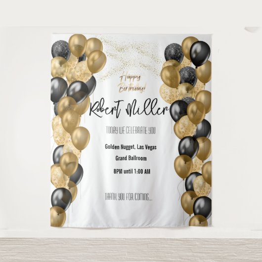 誕生日テンプレート ブラック ゴールド  - 透過 タペストリー (正面)