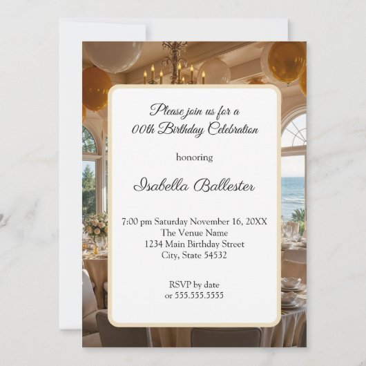誕生日ディナエレガントーパーティー金ゴールドホワイトダイニング 招待状 (裏面)