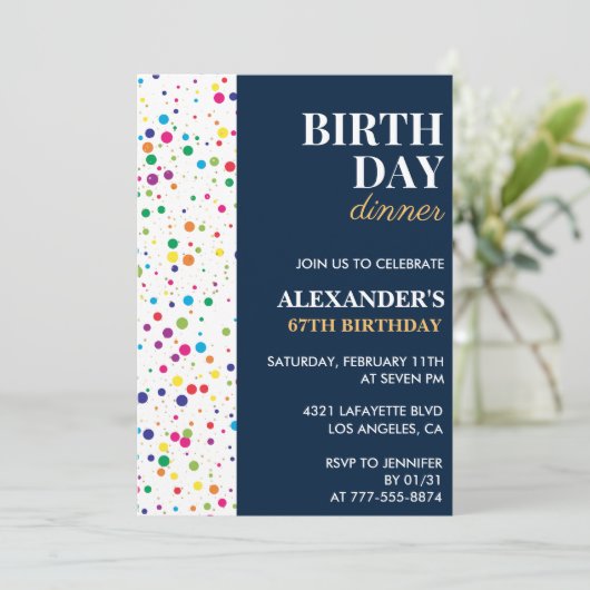 誕生日ディナーネイビーブルー紙吹雪67th誕生日 招待状 (スタンド正面)