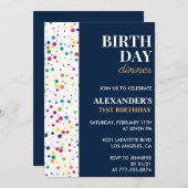 誕生日ディナーネイビーブルー紙吹雪71歳の誕生日 招待状 (正面/裏面)