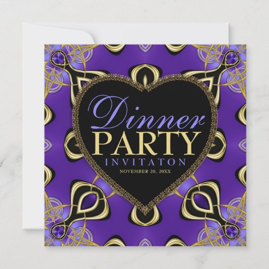 誕生日ディナーパーティーパープル金ゴールド招待状 招待状 (正面)