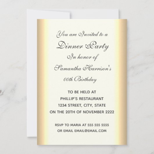 誕生日ディナーパーティー白と黄色の金ゴールド 招待状 (裏面)