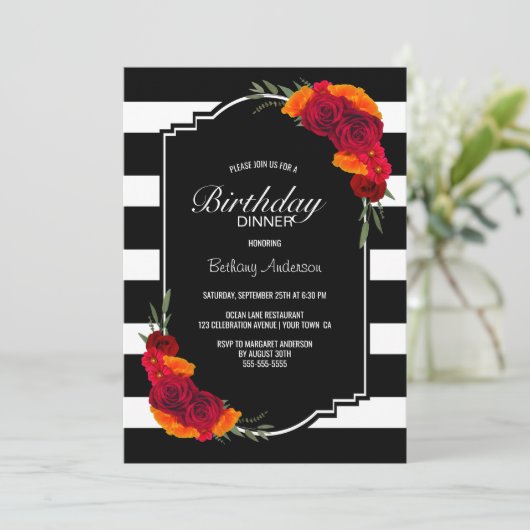誕生日ディナー白黒ストライプのフローラ 招待状 (スタンド正面)