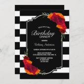 誕生日ディナー白黒ストライプのフローラ 招待状 (正面/裏面)