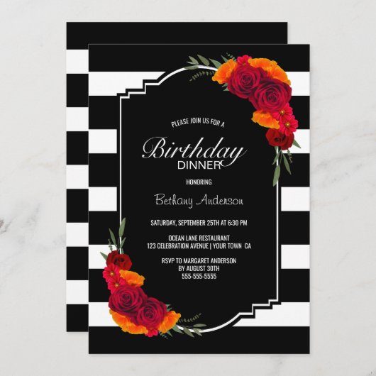 誕生日ディナー白黒ストライプのフローラ 招待状 (正面/裏面)