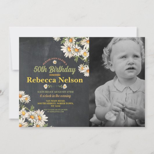 誕生日デイジーパーティー招待状フォトフローラチョーク 招待状 (正面)