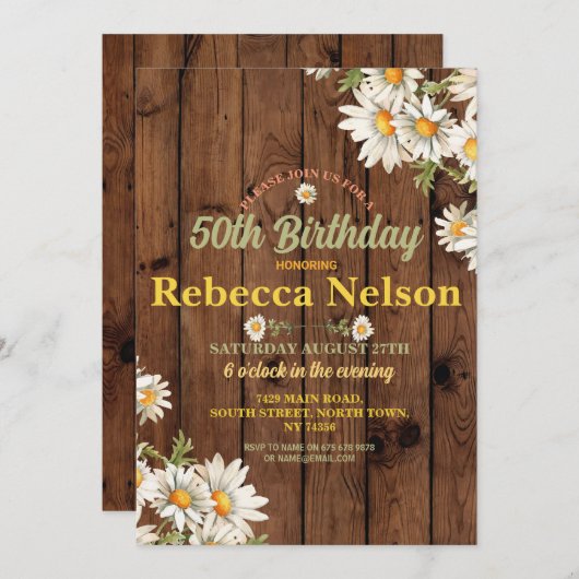 誕生日デイジーパーティー招待状anyエイジフローラウッド 招待状 (正面/裏面)