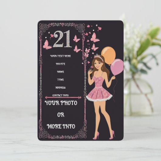 誕生日デザインとパーソナライズされた写真オプション 招待状 (スタンド正面)