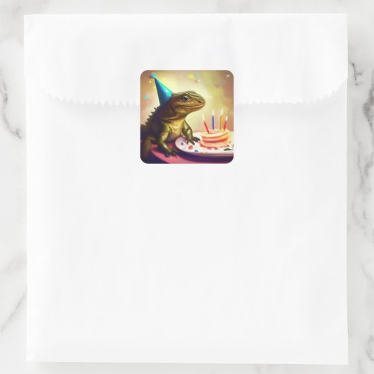 誕生日トカゲとケーキのシール スクエアシール (バッグ)