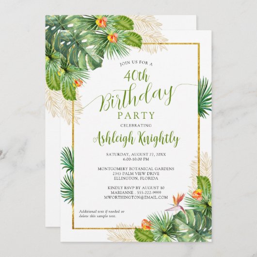 誕生日トロピカルパームボタニカルフローラグリーン金ゴールド 招待状 (正面/裏面)