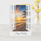 誕生日トロピカルビーチサンライズインウィンドウ カード (黄色い花)