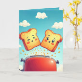 誕生日トーストが赤いトースターから飛び出す カード (黄色い花)