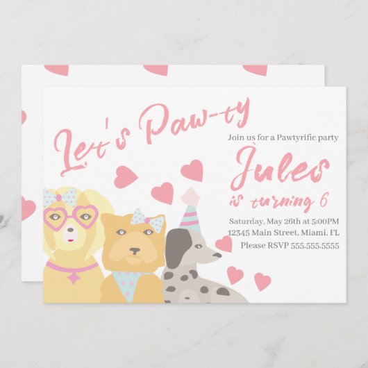 誕生日ドッグポーティパーティーハートバレンタイン 招待状 (正面/裏面)