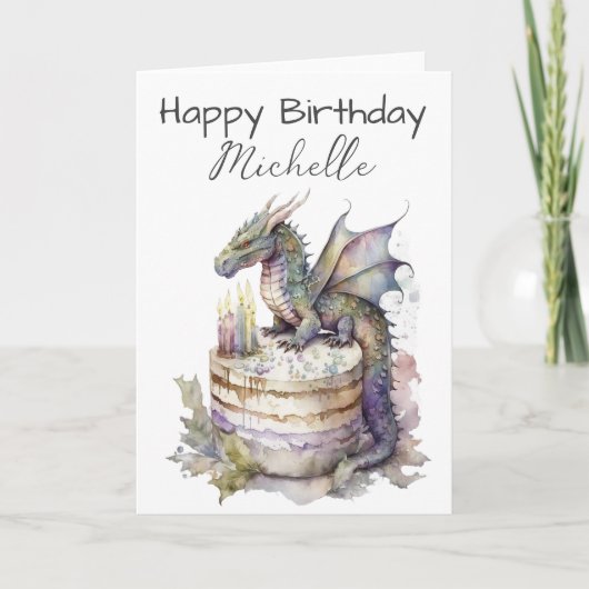 誕生日ドラゴンケーキパーソナライズされたーウォーターカラー カード (正面)