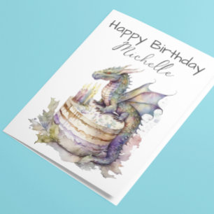 誕生日ドラゴンケーキパーソナライズされたーウォーターカラー カード
