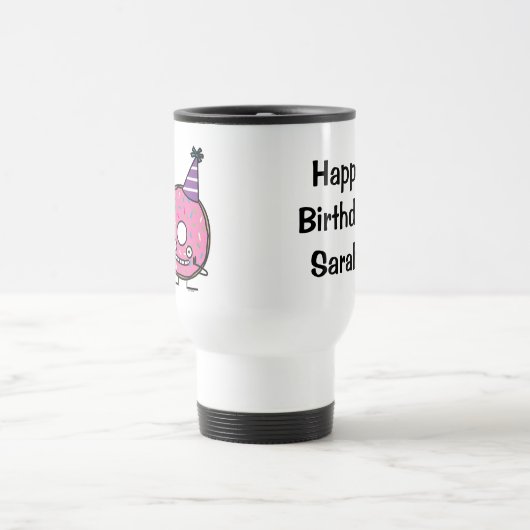 誕生日ドーナツピンクのアイシングはパーティーの帽子を振りかけます トラベルマグ (中央)