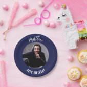 誕生日ネイビーの青い白い写真 ペーパープレート (パーティー)