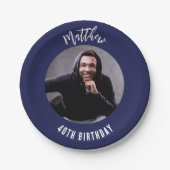 誕生日ネイビーの青い白い写真 ペーパープレート (正面)