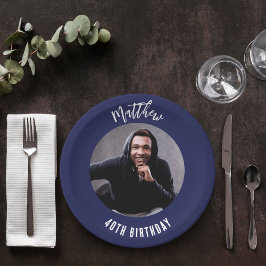 誕生日ネイビーの青い白い写真 ペーパープレート