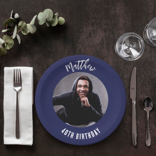 誕生日ネイビーの青い白い写真 ペーパープレート
