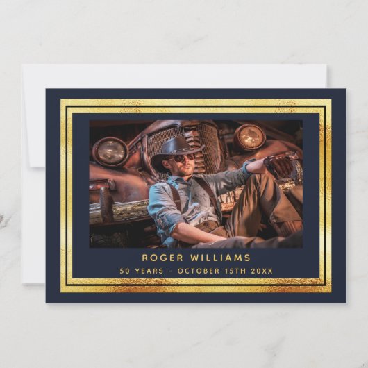 誕生日ネイビーの青い金ゴールド写真を保存する日付カード 招待状 (裏面)