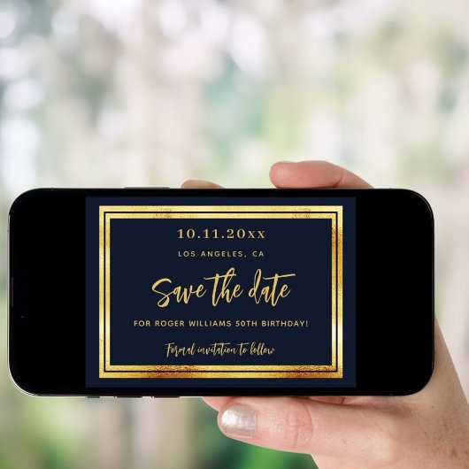 誕生日ネイビーの青い金ゴールド写真を保存する日付カード 招待状