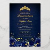 誕生日ネイビーフローラバタフライティアラキンセアニェラ 箔招待状 (正面)