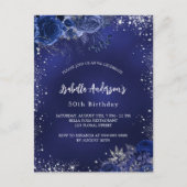 誕生日ネイビーブルーの花シルバースパークル インビテーションポストカード (正面)