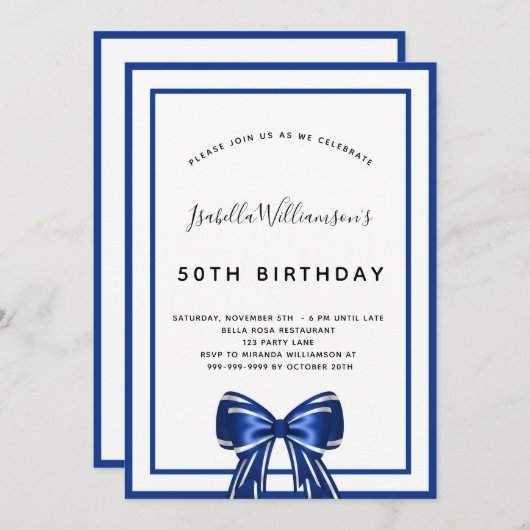 誕生日ネイビーブルーエレガントホワイトボウ 招待状 (正面/裏面)