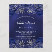 誕生日ネイビーブルーエレガント花 インビテーションポストカード (正面)