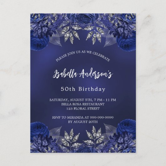 誕生日ネイビーブルーエレガント花 インビテーションポストカード (正面)