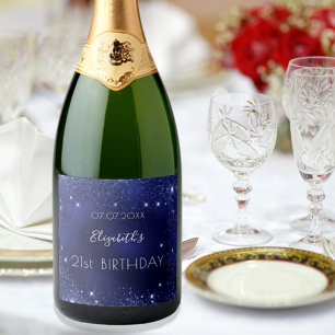 誕生日ネイビーブルーグリッターダストモノグラム スパークリングワインラベル