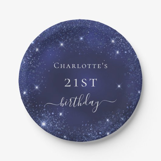 誕生日ネイビーブルーグリッターダストモノグラム ペーパープレート (正面)