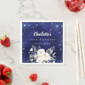 誕生日ネイビーブルーグリッターホワイト花模様 スタンダードカクテルナプキン (インサイチュ)