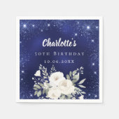 誕生日ネイビーブルーグリッターホワイト花模様 スタンダードカクテルナプキン (正面)