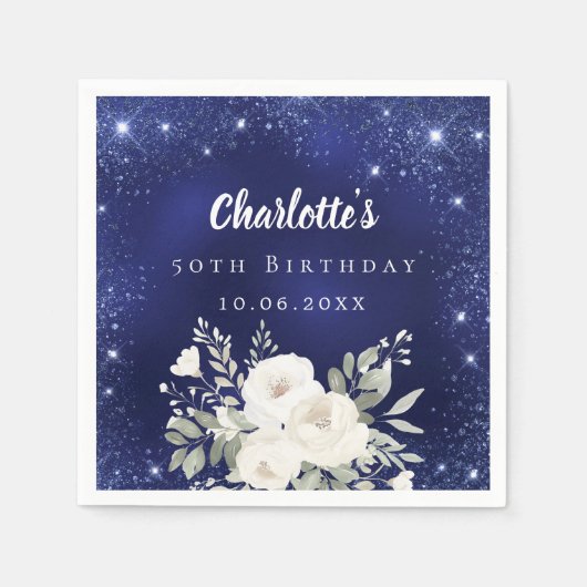 誕生日ネイビーブルーグリッターホワイト花模様 スタンダードカクテルナプキン (正面)