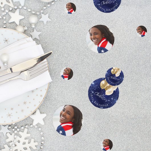 誕生日ネイビーブルーグリッター金ゴールドバルーン写真 コンフェッティ