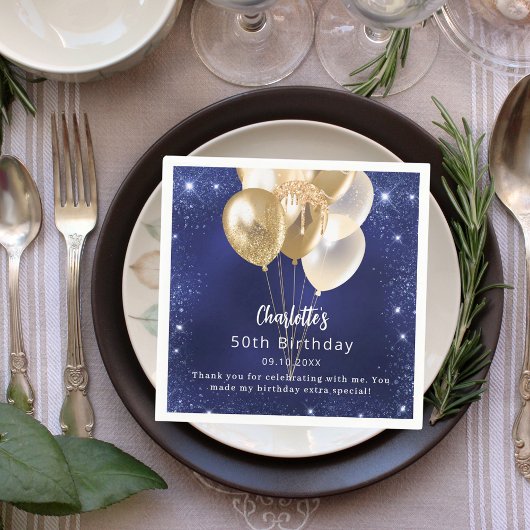 誕生日ネイビーブルーグリッター金ゴールドバルーン感謝していユー スタンダードカクテルナプキン