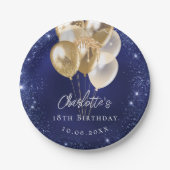 誕生日ネイビーブルーグリッター金ゴールドバルーン ペーパープレート (正面)